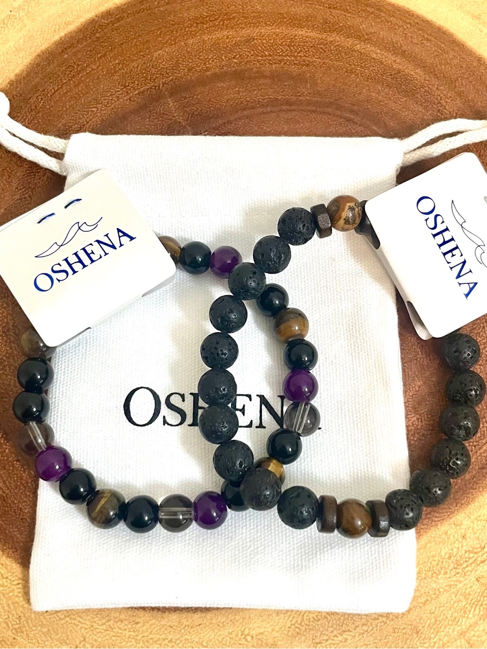 Oshena Lava Rock and Ultimate Protection Stretch Bracelet Stack Tigers Eye